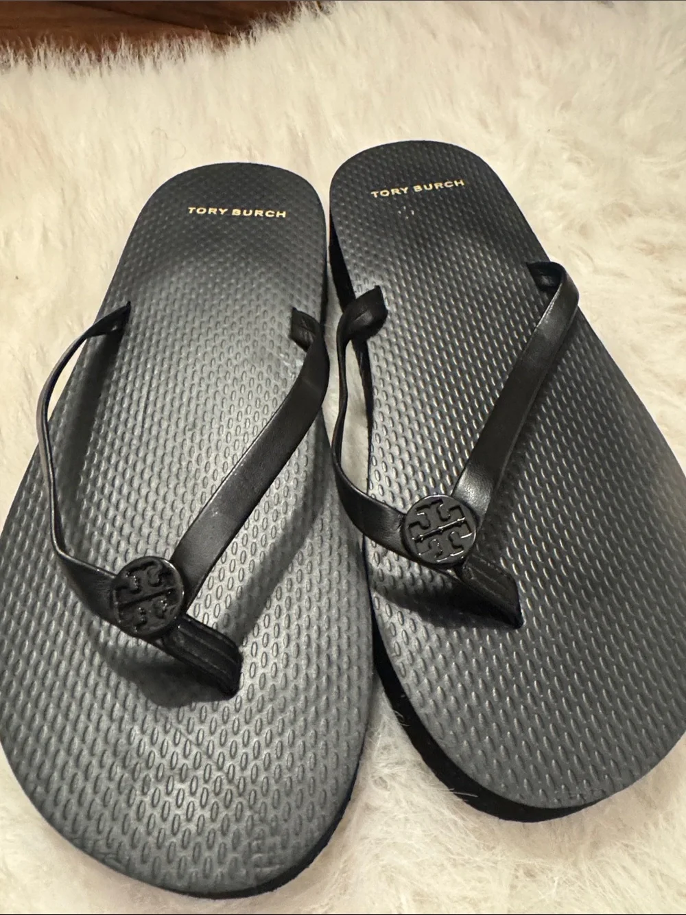 Tory Burch Black Platform Rubber/ Leather Thong Strap Sandals Size 7 pre-owned